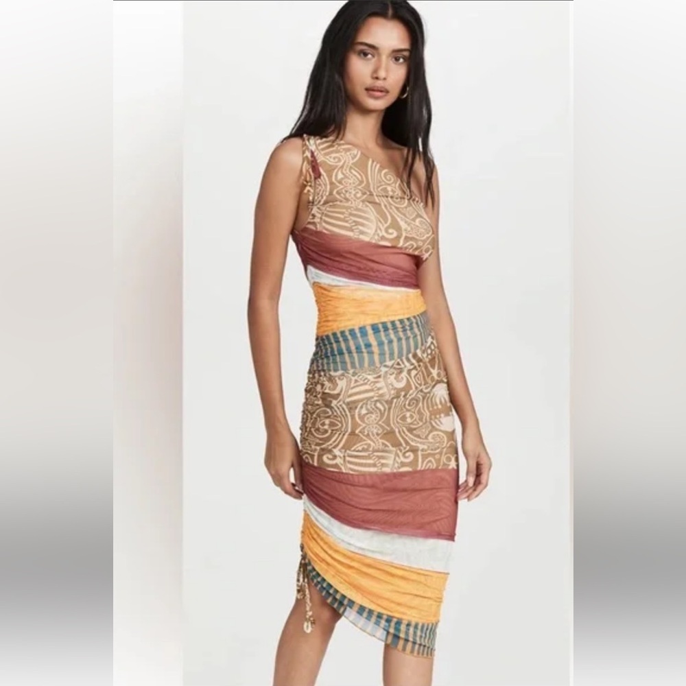 Alexis medium multi colored mesh ruched one shoulder ebony dress.